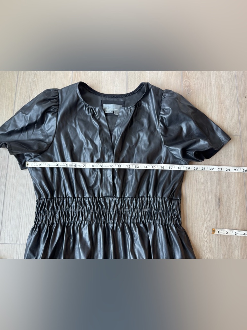 Anthropologie Somerset Vegan Leather Mini Dress Black Smocked Tiered Sz  LP EUC - Picture 14 of 16